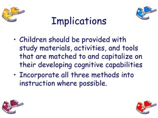 Implications
• Children should be provided with
study materials, activities, and tools
that are matched to and capitalize on
their developing cognitive capabilities
• Incorporate all three methods into
instruction where possible.
 