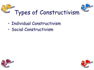 Types of Constructivism
• Individual Constructivism
• Social Constructivism
 