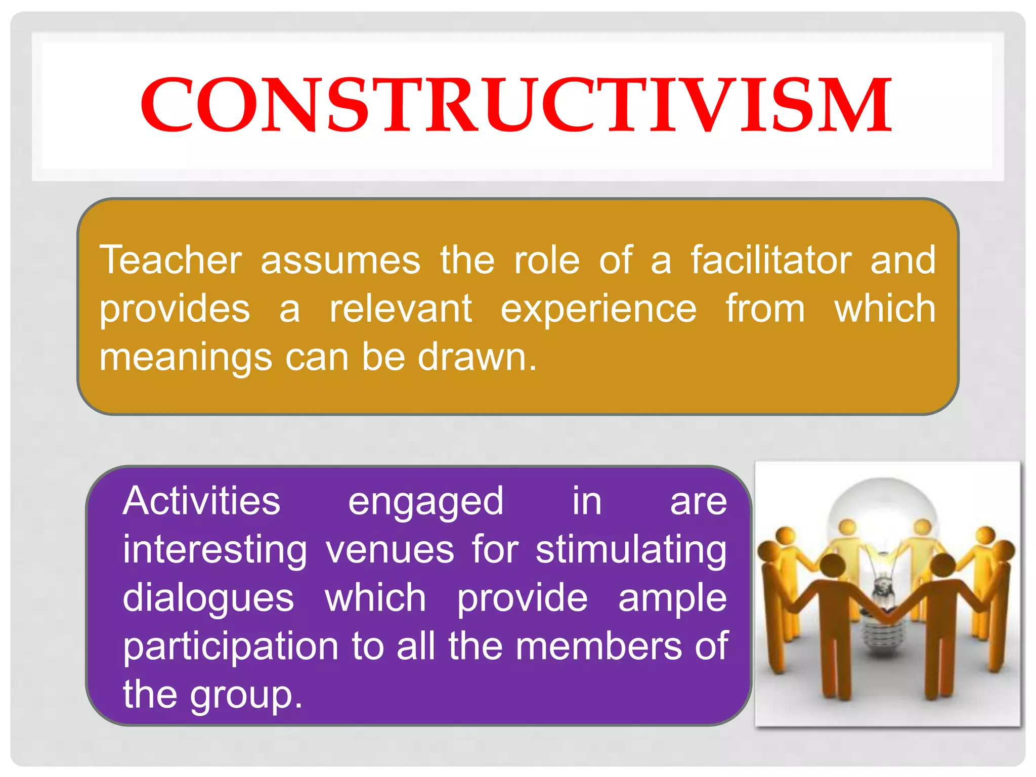 CONSTRUCTIVISM
Teacher assumes the role of a facilitator and
provides a relevant experience from which
meanings can be drawn.
Activities engaged in are
interesting venues for stimulating
dialogues which provide ample
participation to all the members of
the group.