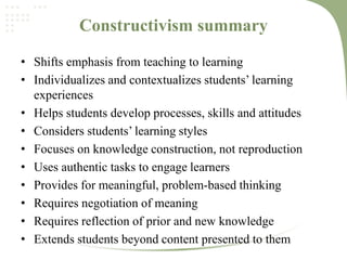 Constructivism summary
• Shifts emphasis from teaching to learning
• Individualizes and contextualizes students’ learning
experiences
• Helps students develop processes, skills and attitudes
• Considers students’ learning styles
• Focuses on knowledge construction, not reproduction
• Uses authentic tasks to engage learners
• Provides for meaningful, problem‐based thinking
• Requires negotiation of meaning
• Requires reflection of prior and new knowledge
• Extends students beyond content presented to them
 