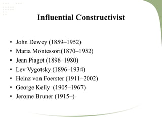 Influential Constructivist
• John Dewey (1859–1952)
• Maria Montessori(1870–1952)
• Jean Piaget (1896–1980)
• Lev Vygotsky (1896–1934)
• Heinz von Foerster (1911–2002)
• George Kelly (1905–1967)
• Jerome Bruner (1915–)
 