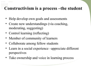 Constructivism is a process –the student
• Help develop own goals and assessments
• Create new understandings (via coaching,
moderating, suggesting)
• Control learning (reflecting)
• Member of community of learners
• Collaborate among fellow students
• Learn in a social experience –appreciate different
perspectives
• Take ownership and voice in learning process
 