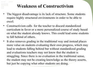 Weakness of Constructivism
• The biggest disadvantage is its lack of structure. Some students
require highly structured environments in order to be able to
excel.
• Constructivism calls for the teacher to discard standardized
curriculum in favor or a more personalized course of study based
on what the student already knows. This could lead some students
to fall behind of others.
• It also removes grading in the traditional way and instead places
more value on students evaluating their own progress, which may
lead to students falling behind but without standardized grading
and evaluations teachers may not know that the student is
struggling. Since there is no evaluation in the traditional sense,
the student may not be creating knowledge as the theory asserts,
but just be copying what other students are doing.
 