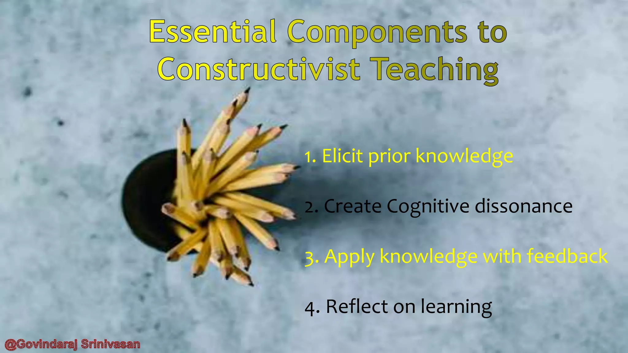 1. Elicit prior knowledge
2. Create Cognitive dissonance
3. Apply knowledge with feedback
4. Reflect on learning
 