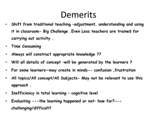 Demerits
• Shift from traditional teaching –adjustment, understanding and using
it in classroom- Big Challenge .Even Less teachers are trained for
carrying out activity .
• Time Consuming
• Always will construct appropriate knowledge ??
• Will all details of concept –will be generated by the learners ?
• For some learners—may create in minds-- confusion ,frustration
• All topics/All concept/All Subjects- May not be relevant to use this
approach .
• Inefficiency in total learning – cognitive level
• Evaluating ---the learning happened or not– how far?---
challenging/difficult?
 
