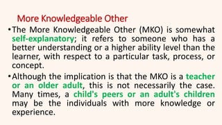 More Knowledgeable Other
•The More Knowledgeable Other (MKO) is somewhat
self-explanatory; it refers to someone who has a
better understanding or a higher ability level than the
learner, with respect to a particular task, process, or
concept.
•Although the implication is that the MKO is a teacher
or an older adult, this is not necessarily the case.
Many times, a child's peers or an adult's children
may be the individuals with more knowledge or
experience.
 