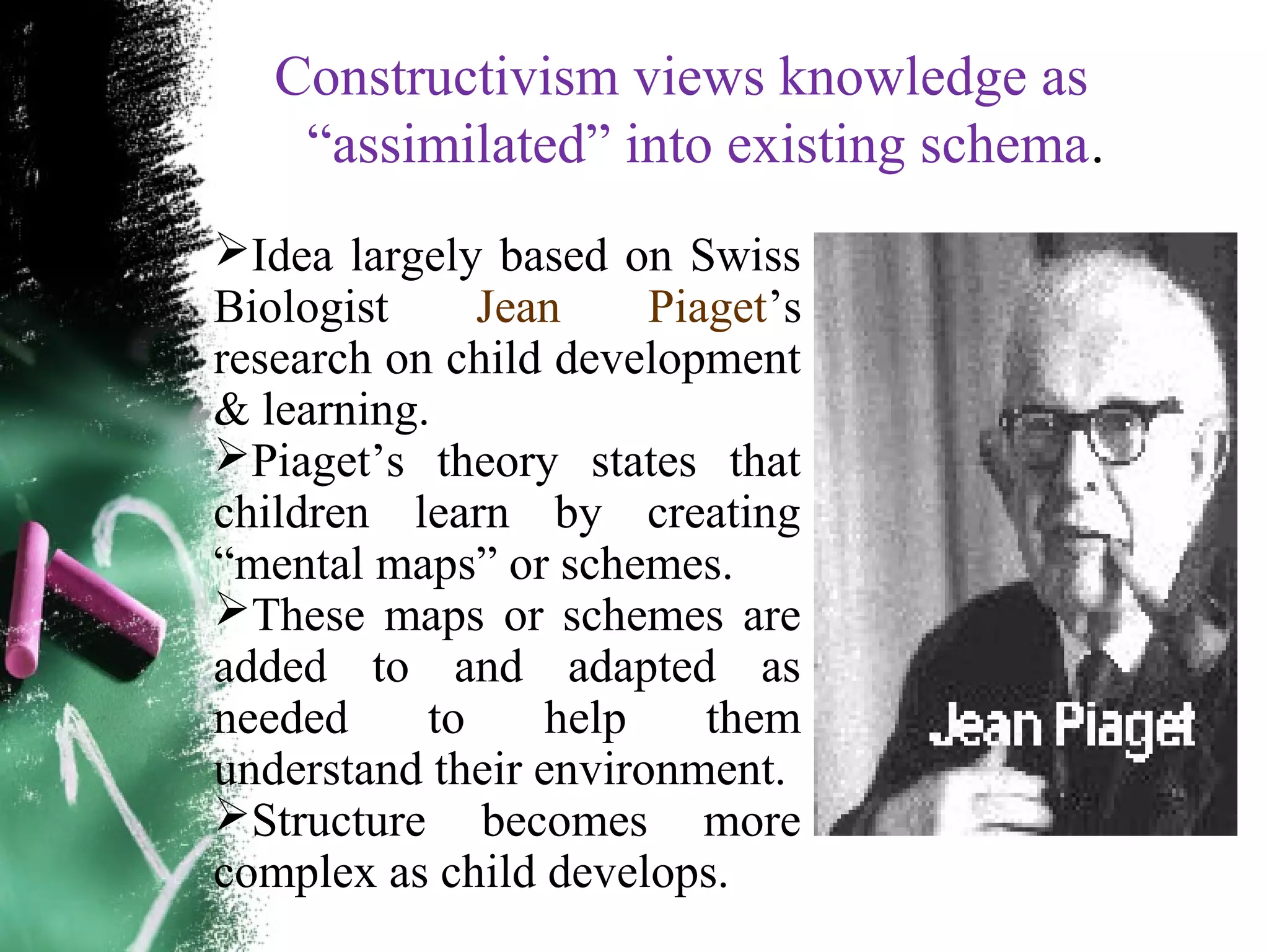Constructivism views knowledge as
&ldquo;assimilated&rdquo; into existing schema.
Idea largely based on Swiss
Biologist Jean Piaget&rsquo;s
research on child development
& learning.
Piaget&rsquo;s theory states that
children learn by creating
&ldquo;mental maps&rdquo; or schemes.
These maps or schemes are
added to and adapted as
needed to help them
understand their environment.
Structure becomes more
complex as child develops.
 