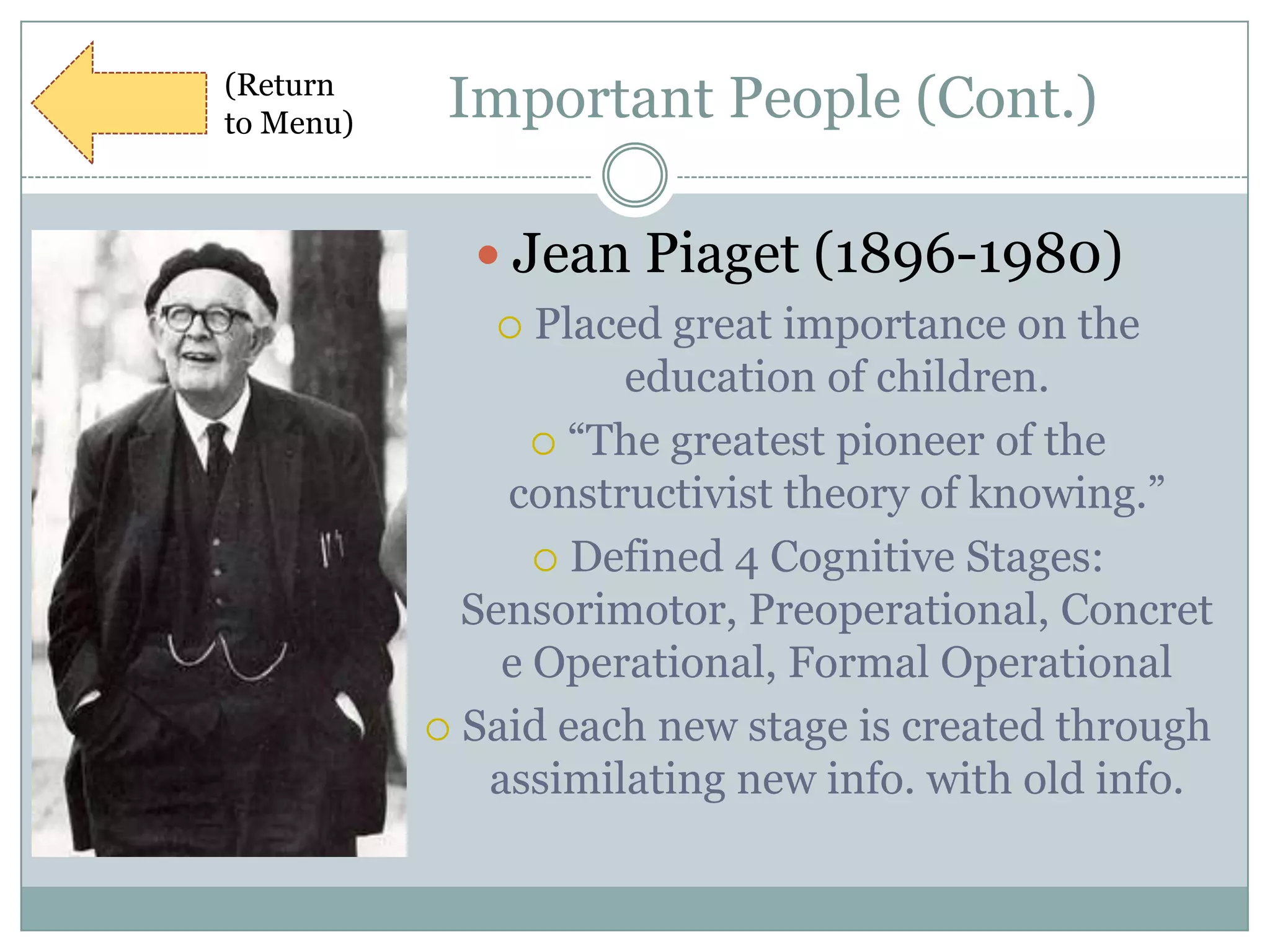 (Return
to Menu)
            Important People (Cont.)

              Jean Piaget (1896-1980)
                Placed great importance on the
                     education of children.
                  “The greatest pioneer of the
               constructivist theory of knowing.”
                  Defined 4 Cognitive Stages:
             Sensorimotor, Preoperational, Concret
               e Operational, Formal Operational
            Said each new stage is created through
              assimilating new info. with old info.
 