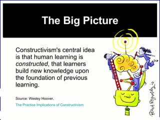 The Big Picture Constructivism's central idea is that human learning is  constructed , that learners build new knowledge upon the foundation of previous learning.  Source: Wesley Hoover,  The Practice Implications of Constructivism    