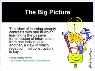 The Big Picture This view of learning sharply contrasts with one in which learning is the passive transmission of information from one individual to another, a view in which reception, not construction, is key.  Source: Wesley Hoover,  The Practice Implications of Constructivism    