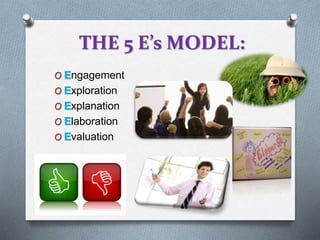 THE 5 E’s MODEL:
O Engagement
O Exploration
O Explanation
O Elaboration
O Evaluation
 