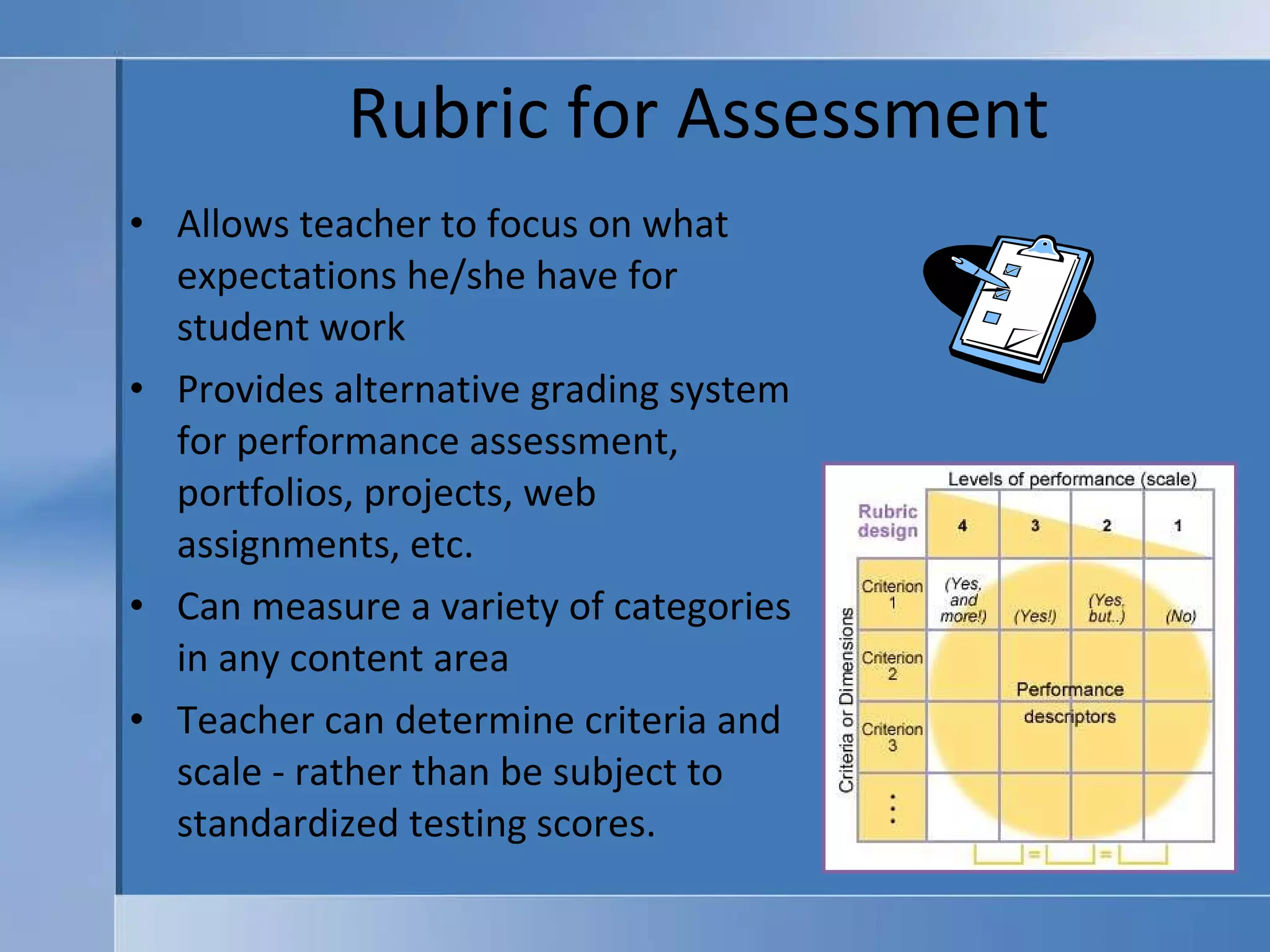 Rubric for Assessment Allows teacher to focus on what expectations he/she have for student work Provides alternative grading system for performance assessment, portfolios, projects, web assignments, etc. Can measure a variety of categories in any content area Teacher can determine criteria and scale - rather than be subject to standardized testing scores. 