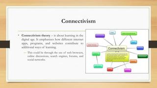 Connectivism
• Connectivism theory – is about learning in the
digital age. It emphasizes how different internet
apps, programs, and websites contribute to
additional ways of learning.
― This could be through the use of web browsers,
online discussions, search engines, forums, and
social networks.
 