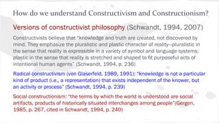 Versions of constructivist philosophy (Schwandt, 1994, 2007)
Constructivists believe that “knowledge and truth are created, not discovered by
mind. They emphasize the pluralistic and plastic character of reality—pluralistic in
the sense that reality is expressible in a variety of symbol and language systems;
plastic in the sense that reality is stretched and shaped to fit purposeful acts of
intentional human agents” (Schwandt, 1994, p. 236)
Radical constructivism (von Glaserfeld, 1989, 1991): “knowledge is not a particular
kind of product (i.e., a representation) that exists independent of the knower, but
an activity or process” (Schwandt, 1994, p. 239)
Social constructionism: “the terms by which the world is understood are social
artifacts, products of historically situated interchanges among people”(Gergen,
1985, p. 267, cited in Schwandt, 1994, p. 240)
How do we understand Constructivism and Constructionism?
 