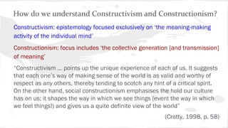 How do we understand Constructivism and Constructionism?
Constructivism: epistemology focused exclusively on ‘the meaning-making
activity of the individual mind’
Constructionism: focus includes ‘the collective generation [and transmission]
of meaning’
“Constructivism … points up the unique experience of each of us. It suggests
that each one’s way of making sense of the world is as valid and worthy of
respect as any others, thereby tending to scotch any hint of a critical spirit.
On the other hand, social constructionism emphasises the hold our culture
has on us; it shapes the way in which we see things (event the way in which
we feel things!) and gives us a quite definite view of the world”
(Crotty, 1998, p. 58)
 