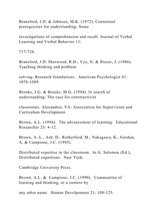Bransford, J.D. & Johnson, M.K. (1972). Contextual
prerequisites for understanding: Some
investigations of comprehension and recall. Journal of Verbal
Learning and Verbal Behavior 11:
717-726.
Bransford, J.D. Sherwood, R.D., Vye, N. & Rieser, J. (1986).
Teaching thinking and problem
solving: Research foundations. American Psychologist 41:
1078-1089.
Brooks, J.G. & Brooks, M.G. (1994). In search of
understanding: The case for constructivist
classrooms. Alexandria, VA: Association for Supervision and
Curriculum Development.
Brown, A.L. (1994). The advancement of learning. Educational
Researcher 23: 4-12.
Brown, A. L., Ash, D., Rutherford, M., Nakagawa, K., Gordon,
A. & Campione, J.C. (1995).
Distributed expertise in the classroom. In G. Salomon (Ed.),
Distributed cognitions. New York:
Cambridge University Press.
Brown, A.L. &. Campione, J.C. (1990). Communties of
learning and thinking, or a context by
any other name. Human Develpoment 21: 108-125.
 