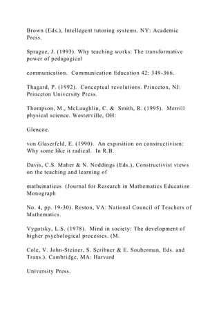 Brown (Eds.), Intellegent tutoring systems. NY: Academic
Press.
Sprague, J. (1993). Why teaching works: The transformative
power of pedagogical
communication. Communication Education 42: 349-366.
Thagard, P. (1992). Conceptual revolutions. Princeton, NJ:
Princeton University Press.
Thompson, M., McLaughlin, C. & Smith, R. (1995). Merrill
physical science. Westerville, OH:
Glencoe.
von Glaserfeld, E. (1990). An exposition on constructivism:
Why some like it radical. In R.B.
Davis, C.S. Maher & N. Noddings (Eds.), Constructivist views
on the teaching and learning of
mathematices (Journal for Research in Mathematics Education
Monograph
No. 4, pp. 19-30). Reston, VA: National Council of Teachers of
Mathematics.
Vygotsky, L.S. (1978). Mind in society: The development of
higher psychological processes. (M.
Cole, V. John-Steiner, S. Scribner & E. Souberman, Eds. and
Trans.). Cambridge, MA: Harvard
University Press.
 