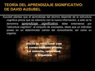 Ausubel plantea que el aprendizaje del alumno depende de la estructura cognitiva previa que se relaciona con la nueva información, a esto se le denomina  aprendizaje significativo , debe entenderse por "estructura cognitiva", al conjunto de conceptos, ideas que un individuo posee en un determinado campo del conocimiento, así como su organización. TEORÍA DEL APRENDIZAJE SIGNIFICATIVO: DE DAVID AUSUBEL 