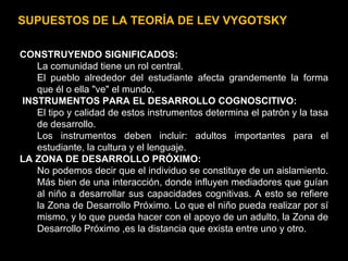 CONSTRUYENDO SIGNIFICADOS: La comunidad tiene un rol central. El pueblo alrededor del estudiante afecta grandemente la forma que él o ella "ve" el mundo. INSTRUMENTOS PARA EL DESARROLLO COGNOSCITIVO: El tipo y calidad de estos instrumentos determina el patrón y la tasa de desarrollo. Los instrumentos deben incluir: adultos importantes para el estudiante, la cultura y el lenguaje. LA ZONA DE DESARROLLO PRÓXIMO: No podemos decir que el individuo se constituye de un aislamiento. Más bien de una interacción, donde influyen mediadores que guían al niño a desarrollar sus capacidades cognitivas. A esto se refiere la Zona de Desarrollo Próximo. Lo que el niño pueda realizar por sí mismo, y lo que pueda hacer con el apoyo de un adulto, la Zona de Desarrollo Próximo ,es la distancia que exista entre uno y otro.  SUPUESTOS DE LA TEORÍA DE LEV VYGOTSKY 