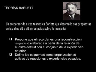 Propone que el recordar es una reconstrucción  imaginativa  o elaborada a partir de la relación de nuestra actitud con el conjunto de la experiencia anterior. Define los esquemas como organizaciones activas de reacciones y experiencias pasadas. TEORÍAS BARLETT Un precursor de estas teorías es Barlett, que desarrolló sus propuestas  en los años 20 y 30, en estudios sobre la memoria: 