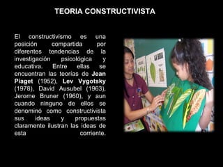 El constructivismo es una posición compartida por diferentes tendencias de la investigación psicológica y educativa. Entre ellas se encuentran las teorías de  Jean Piaget  (1952),  Lev Vygotsky  (1978), David Ausubel (1963), Jerome Bruner (1960), y aun cuando ninguno de ellos se denominó como constructivista sus ideas y propuestas claramente ilustran las ideas de esta corriente. TEORIA CONSTRUCTIVISTA 