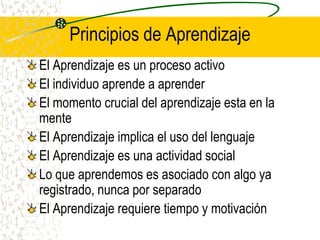 Principios de AprendizajeEl Aprendizaje es un proceso activoEl individuo aprende a aprenderEl momento crucial del aprendizaje esta en la menteEl Aprendizaje implica el uso del lenguajeEl Aprendizaje es una actividad socialLo que aprendemos es asociado con algo ya registrado, nunca por separadoEl Aprendizaje requiere tiempo y motivación
