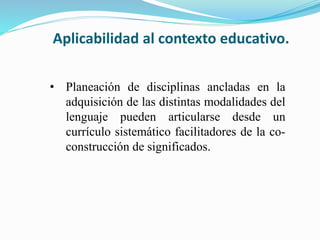 Aplicabilidad al contexto educativo.
• Planeación de disciplinas ancladas en la
adquisición de las distintas modalidades del
lenguaje pueden articularse desde un
currículo sistemático facilitadores de la co-
construcción de significados.
 