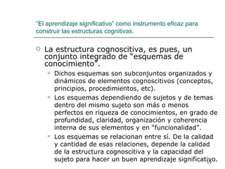 La estructura cognoscitiva, es pues, un conjunto integrado de “esquemas de conocimiento”. Dichos esquemas son subconjuntos organizados y dinámicos de elementos cognoscitivos (conceptos, principios, procedimientos, etc).  Los esquemas dependiendo de sujetos y de temas dentro del mismo sujeto son más o menos perfectos en riqueza de conocimientos, en grado de profundidad, claridad, organización y coherencia interna de sus elementos y en “funcionalidad”. Los esquemas se relacionan entre sí. De la calidad y cantidad de esas relaciones, depende la calidad de la estructura cognoscitiva y la capacidad del sujeto para hacer un buen aprendizaje significativo. “ El aprendizaje significativo” como instrumento eficaz para construir las estructuras cognitivas. 