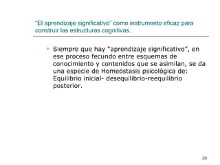 Siempre que hay “aprendizaje significativo”, en ese proceso fecundo entre esquemas de conocimiento y contenidos que se asimilan, se da una especie de Homeöstasis psicológica de: Equilibrio inicial- desequilibrio-reequilibrio posterior. “ El aprendizaje significativo” como instrumento eficaz para construir las estructuras cognitivas. 