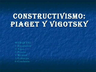CONSTRUCTIVISMO: PIAGET Y VIGOTSKY WEB QUEST: 1- Introducción 2- Tarea 3- Proceso 4- Recursos 5- Evaluación 6- Conclusión 