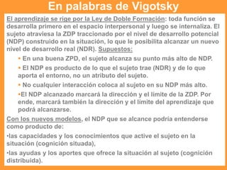 El aprendizaje se rige por la Ley de Doble Formación: toda función se
desarrolla primero en el espacio interpersonal y luego se internaliza. El
sujeto atraviesa la ZDP traccionado por el nivel de desarrollo potencial
(NDP) construido en la situación, lo que le posibilita alcanzar un nuevo
nivel de desarrollo real (NDR). Supuestos:
 En una buena ZPD, el sujeto alcanza su punto más alto de NDP.
 El NDP es producto de lo que el sujeto trae (NDR) y de lo que
aporta el entorno, no un atributo del sujeto.
 No cualquier interacción coloca al sujeto en su NDP más alto.
El NDP alcanzado marcará la dirección y el límite de la ZDP. Por
ende, marcará también la dirección y el límite del aprendizaje que
podrá alcanzarse.
Con los nuevos modelos, el NDP que se alcance podría entenderse
como producto de:
•las capacidades y los conocimientos que active el sujeto en la
situación (cognición situada),
•las ayudas y los aportes que ofrece la situación al sujeto (cognición
distribuida).
En palabras de Vigotsky
 