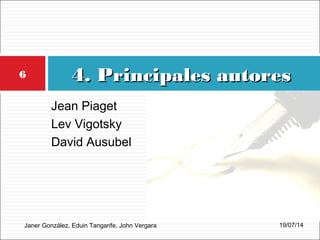 Jean Piaget
Lev Vigotsky
David Ausubel
4. Principales autores4. Principales autores
Janer González, Eduin Tangarife, John Vergara 19/07/14
6
 