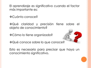 El aprendizaje es significativo cuando el factor
más importante es:
Cuánto conoce?
Qué claridad y precisión tiene sobre el
objeto de conocimiento?
Cómo lo tiene organizado?
Qué conoce sobre lo que conoce?
Esto es necesario para precisar que haya un
conocimiento significativo.