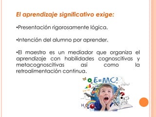 El aprendizaje significativo exige:
•Presentación rigorosamente lógica.
•Intención del alumno por aprender.
•El maestro es un mediador que organiza el
aprendizaje con habilidades cognoscitivas y
metacognoscitivas así como la
retroalimentación continua.
 