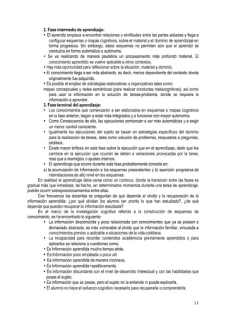 11
2. Fase intermedia de aprendizaje:
• El aprendiz empieza a encontrar relaciones y similitudes entre las partes aisladas y llega a
configurar esquemas y mapas cognitivos, sobre el material y el dominio de aprendizaje en
forma progresiva. Sin embargo, estos esquemas no permiten aún que el aprendiz se
conduzca en forma automática o autónoma.
• Se va realizando de manera paulatina un procesamiento más profundo material. El
conocimiento aprendido se vuelve aplicable a otros contextos.
• Hay más oportunidad para reflexionar sobre la situación, material y dominio.
• El conocimiento llega a ser más abstracto, es decir, menos dependiente del contexto donde
originalmente fue adquirido.
• Es posible el empleo de estrategias elaborativas u organizativas tales como:
mapas conceptuales y redes semánticas (para realizar conductas metacognitivas), así como
para usar la información en la solución de tareas-problema, donde se requiera la
información a aprender.
3. Fase terminal del aprendizaje:
• Los conocimientos que comenzaron a ser elaborados en esquemas o mapas cognitivos
en la fase anterior, llegan a estar más integrados y a funcionar con mayor autonomía.
• Como Consecuencia de ello, las ejecuciones comienzan a ser más automáticas y a exigir
un menor control consciente.
• Igualmente las ejecuciones del sujeto se basan en estrategias especificas del dominio
para la realización de tareas, tales como solución de problemas, respuestas a preguntas,
etcétera.
• Existe mayor énfasis en esta fase sobre la ejecución que en el aprendizaje, dado que los
cambios en la ejecución que ocurren se deben a variaciones provocadas por la tarea,
mas que a rearreglos o ajustes internos.
• El aprendizaje que ocurre durante esta fase probablemente consiste en:
a) la acumulación de Información a los esquemas preexistentes y b) aparición progresiva de
interrelaciones de alto nivel en los esquemas.
En realidad el aprendizaje debe verse como un continuo, donde la transición entre las fases es
gradual más que inmediata; de hecho, en determinados momentos durante una tarea de aprendizaje,
podrán ocurrir sobreposiclonamientos entre ellas.
Con frecuencia los docentes se preguntan de qué depende el olvido y la recuperación de la
información aprendida: ¿por qué olvidan los alumno tan pronto lo que han estudiado?, ¿de qué
depende que puedan recuperar la información estudiada?
En el marco de la investigación cognitiva referida a la construcción de esquemas de
conocimiento, se ha encontrado lo siguiente:
• La información desconocida y poco relacionada con conocimientos que ya se poseen o
demasiado abstracta, es más vulnerable al olvido que la información familiar, vinculada a
conocimientos previos o aplicable a situaciones de la vida cotidiana.
• La incapacidad para recordar contenidos académicos previamente aprendidos o para
aplicarlos se relaciona a cuestiones como:
• Es Información aprendida mucho tiempo atrás.
• Es Información poco empleada o poco util.
• Es información aprendida de manera inconexa,
• Es Información aprendida repetitivamente.
• Es información discordante con el nivel de desarrollo Intelectual y con las habilidades que
posee el sujeto.
• Es información que se posee, pero el sujeto no la entiende ni puede explicarla.
• El alumno no hace el esfuerzo cognitivo necesario para recuperarla o comprenderla.
 