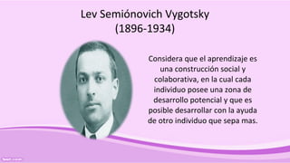 Lev Semiónovich Vygotsky
(1896-1934)
Considera que el aprendizaje es
una construcción social y
colaborativa, en la cual cada
individuo posee una zona de
desarrollo potencial y que es
posible desarrollar con la ayuda
de otro individuo que sepa mas.
 