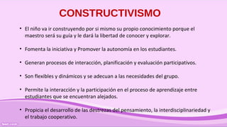 • El niño va ir construyendo por si mismo su propio conocimiento porque el
maestro será su guía y le dará la libertad de conocer y explorar.
• Fomenta la iniciativa y Promover la autonomía en los estudiantes.
• Generan procesos de interacción, planificación y evaluación participativos.
• Son flexibles y dinámicos y se adecuan a las necesidades del grupo.
• Permite la interacción y la participación en el proceso de aprendizaje entre
estudiantes que se encuentran alejados.
• Propicia el desarrollo de las destrezas del pensamiento, la interdisciplinariedad y
el trabajo cooperativo.
CONSTRUCTIVISMO
 