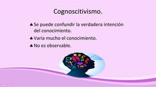 Cognoscitivismo.
♠Se puede confundir la verdadera intención
del conocimiento.
♠Varia mucho el conocimiento.
♠No es observable.
 