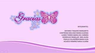 INTEGRANTES:
ANTONIO TINAJERO MARGARITA
CONTRERAS MALVAEZ MARIA EUGENIA
JUAREZ TORRES MARIA DEL CARMEN
RODRIGUEZ REBOLLAR ANA LAURA
PADILLA VILLASEÑOR MARIA ELEN
VELASCO RAMIREZ KARLA LILIANA
 