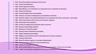 1978 – Rosch El prototipo de atributos mas frecuente.
 1979 – Greene Psicolingüística.
 1980 – Smith Lingüística moderna.
 1982 – Blohn Mejoras en el rendimiento y la comprensión de los contenidos de hipertexto.
 1984 – Adam teoría Sinergia
 1984 – Pressley Debates sobre el aprendizaje.
 1985 – Heeb Las corrientes neufisiologicas y los hemisferios cerebrales.
 1986 – Neinstain y Mayor Tres cambios importantes en la concepción del proceso, enseñanza – aprendizaje.
 1986 – Phye y André llaman CIP (procesos de información cognitiva).
 1986 – Dull estudios meta cognitivos.
 1986 – Kurlhavr Investigaciones especificas sobre la memoria.
 1987 –Swenson El aprendizaje cognitivo.
 1987 – Montessori “movimiento gestal”.
 1987 – Seymour Paper fundamentos del lenguaje.
 1987 – Gagne Tipología del aprendizaje.
 1988 – Reggine Las conclusiones sobre el aprendizaje de las ciencias cognitivas
 1989 – Jonassen Hipermedia
 1989 – Bower El enfoque cognitivo, 5 principios fundamentales.
 1990 – Laird Conceptos mediante procesos de abstracción.
 1990 – Johnson El ordenador y la mente
 1990 – good y brophy Mientras mas profundo sea el proceso de análisis, mas fácil sea recordada.
 1990 – saettler incorporación e integración de los nuevos conocimientos con los previos
 