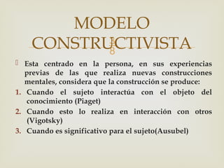 
 Esta centrado en la persona, en sus experiencias
previas de las que realiza nuevas construcciones
mentales, considera que la construcción se produce:
1. Cuando el sujeto interactúa con el objeto del
conocimiento (Piaget)
2. Cuando esto lo realiza en interacción con otros
(Vigotsky)
3. Cuando es significativo para el sujeto(Ausubel)
MODELO
CONSTRUCTIVISTA
 