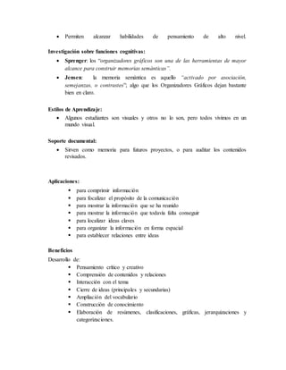  Permiten alcanzar habilidades de pensamiento de alto nivel.
Investigación sobre funciones cognitivas:
 Sprenger: los “organizadores gráficos son una de las herramientas de mayor
alcance para construir memorias semánticas”.
 Jensen: la memoria semántica es aquello “activado por asociación,
semejanzas, o contrastes”; algo que los Organizadores Gráficos dejan bastante
bien en claro.
Estilos de Aprendizaje:
 Algunos estudiantes son visuales y otros no lo son, pero todos vivimos en un
mundo visual.
Soporte documental:
 Sirven como memoria para futuros proyectos, o para auditar los contenidos
revisados.
Aplicaciones:
 para comprimir información
 para focalizar el propósito de la comunicación
 para mostrar la información que se ha reunido
 para mostrar la información que todavía falta conseguir
 para localizar ideas claves
 para organizar la información en forma espacial
 para establecer relaciones entre ideas
Beneficios
Desarrollo de:
 Pensamiento crítico y creativo
 Comprensión de contenidos y relaciones
 Interacción con el tema
 Cierre de ideas (principales y secundarias)
 Ampliación del vocabulario
 Construcción de conocimiento
 Elaboración de resúmenes, clasificaciones, gráficas, jerarquizaciones y
categorizaciones.
 