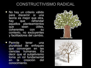 CONSTRUCTIVISMO RADICAL No hay un criterio válido para discernir si una teoría es mejor que otra, hay que refrendar aquellos planteamientos que sean útiles, coherentes con su contexto, no excluyentes y facilitadores del cambio.  Permite tener una pluralidad de enfoques que convergen en las ciencias humanas. Es decir que el subjetivismo toma un rol fundamental en la creación del conocimiento. 