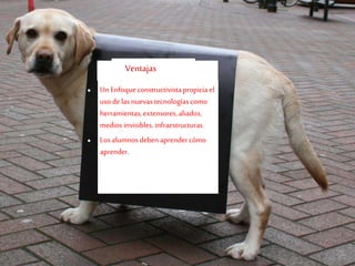 Ventajas
 Un Enfoqueconstructivistapropiciael
usodelasnuevastecnologíascomo
herramientas,extensores,aliados,
mediosinvisibles, infraestructuras.
 Losalumnosdeben aprendercómo
aprender.
 