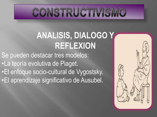 ANALISIS, DIALOGO Y
                  REFLEXION
Se pueden destacar tres modelos:
•La teoría evolutiva de Piaget.
•El enfoque socio-cultural de Vygostsky.
•El aprendizaje significativo de Ausubel.
 