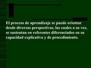 El proceso de aprendizaje se puede orientar desde diversas perspectivas, las cuales a su vez, se sustentan en referentes diferenciados en su capacidad explicativa y de procedimiento.
