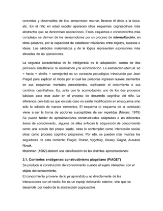 concretas y observables de tipo sensomotor: mamar, llevarse el dedo a la boca,
etc. En el niño en edad escolar aparecen otros esquemas cognoscitivos más
abstractos que se denominan operaciones. Estos esquemas o conocimientos más
complejos se derivan de los sensomotores por un proceso de internalización, en
otras palabras, por la capacidad de establecer relaciones entre objetos, sucesos e
ideas. Los símbolos matemáticos y de la lógica representan expresiones más
elevadas de las operaciones.
La segunda característica de la inteligencia es la adaptación, consta de dos
procesos simultáneos: la asimilación y la acomodación. La asimilación (del Lat. ad
= hacia + similis = semejante) es un concepto psicológico introducido por Jean
Piaget para explicar el modo por el cual las personas ingresan nuevos elementos
en sus esquemas mentales preexistentes, explicando el crecimiento o sus
cambios cuantitativos. Es, junto con la acomodación, uno de los dos procesos
básicos para este autor en el proceso de desarrollo cognitivo del niño. La
diferencia con ésta es que en este caso no existe modificación en el esquema sino
sólo la adición de nuevos elementos. El esquema (o esquema de la conducta)
viene a ser la trama de acciones susceptibles de ser repetidas (Merani, 1979)
Se puede hablar de aproximaciones constructivistas adaptadas a las diferentes
áreas de conocimiento., algunas de ellas enfocan la adquisición de conocimiento
como una acción del propio sujeto, otras lo contemplan como interacción social,
otras como proceso cognitivo progresivo. Por ello, se pueden citar muchos los
seguidores de esta corriente: Piaget, Bruner, Vygotsky, Dewey, Gagné, Ausubel,
Novak.
Moshman (1982) elaboró una clasificación de las distintas aproximaciones:
3.1. Corrientes endógenas: constructivismo piagetiano (PIAGET)
Se produce la construcción del conocimiento cuando el sujeto interactúa con el
objeto del conocimiento.
El conocimiento proviene de lo ya aprendido y no directamente de las
interacciones con el medio. No es un espejo del mundo exterior, sino que se
desarrolla por medio de la abstracción cognoscitiva
 