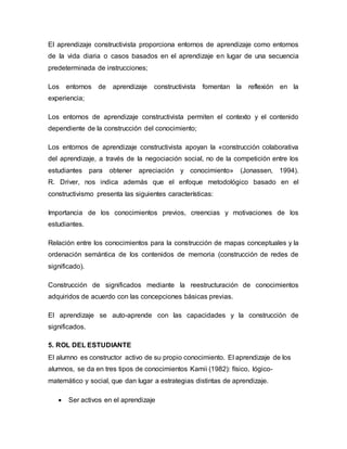 El aprendizaje constructivista proporciona entornos de aprendizaje como entornos
de la vida diaria o casos basados en el aprendizaje en lugar de una secuencia
predeterminada de instrucciones;
Los entornos de aprendizaje constructivista fomentan la reflexión en la
experiencia;
Los entornos de aprendizaje constructivista permiten el contexto y el contenido
dependiente de la construcción del conocimiento;
Los entornos de aprendizaje constructivista apoyan la «construcción colaborativa
del aprendizaje, a través de la negociación social, no de la competición entre los
estudiantes para obtener apreciación y conocimiento» (Jonassen, 1994).
R. Driver, nos indica además que el enfoque metodológico basado en el
constructivismo presenta las siguientes características:
Importancia de los conocimientos previos, creencias y motivaciones de los
estudiantes.
Relación entre los conocimientos para la construcción de mapas conceptuales y la
ordenación semántica de los contenidos de memoria (construcción de redes de
significado).
Construcción de significados mediante la reestructuración de conocimientos
adquiridos de acuerdo con las concepciones básicas previas.
El aprendizaje se auto-aprende con las capacidades y la construcción de
significados.
5. ROL DEL ESTUDIANTE
El alumno es constructor activo de su propio conocimiento. El aprendizaje de los
alumnos, se da en tres tipos de conocimientos Kamii (1982): físico, lógico-
matemático y social, que dan lugar a estrategias distintas de aprendizaje.
 Ser activos en el aprendizaje
 