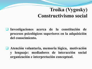  Investigaciones acerca de la constitución de
procesos psicológicos superiores en la adquisición
del conocimiento.
 Atención voluntaria, memoria lógica, motivación
y lenguaje: mediadores de interacción social
organización e interpretación conceptual.
Troika (Vygosky)
Constructivismo social
 
