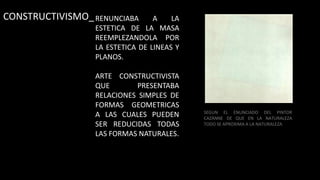 CONSTRUCTIVISMO_RENUNCIABA A LA ESTETICA DE LA MASA REEMPLEZANDOLA POR LA ESTETICA DE LINEAS Y PLANOS.ARTE CONSTRUCTIVISTA QUE PRESENTABA RELACIONES SIMPLES DE FORMAS GEOMETRICAS A LAS CUALES PUEDEN SER REDUCIDAS TODAS LAS FORMAS NATURALES. SEGUN EL ENUNCIADO DEL PINTOR CAZÁNNE DE QUE EN LA NATURALEZA TODO SE APROXIMA A LA NATURALEZA